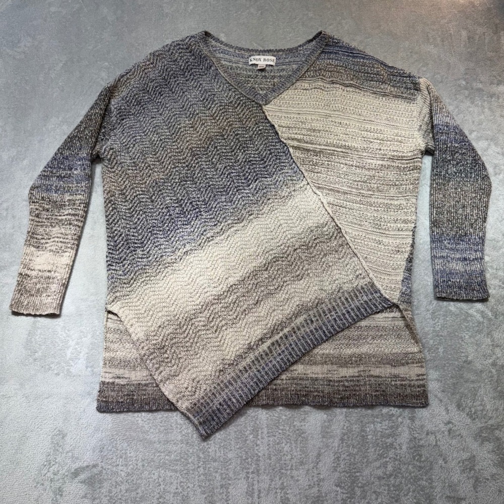 Asymmetrical Chevron Ombre V-Neck Knit Sweater Blue Grey‎ XXL Long Sleeve soft